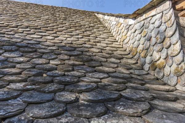 Stone tiles used for roofing in Aubrac. Aveyron, France, Europe