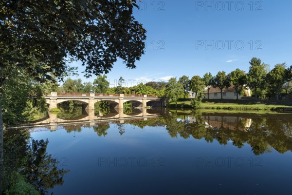 Land of Troncais. Maulne village. Bridge over the Aumance river. Allier department. Auvergne Rhone Alpes. France