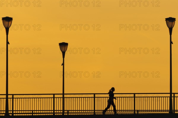 A jogger runs across the Old Bridge in Frankfurt am Main in the early morning shortly in front of sunrise., Frankfurt am Main, Hesse, Germany, Europe