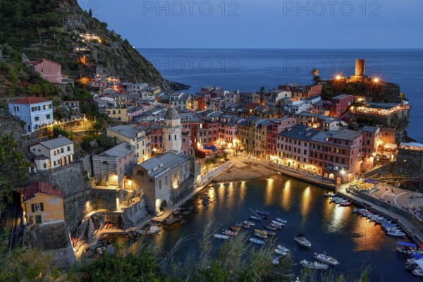 Vernazza fishing village, blue hour, Cinque Terre, La Spezia province, Liguria, Italy, Europe