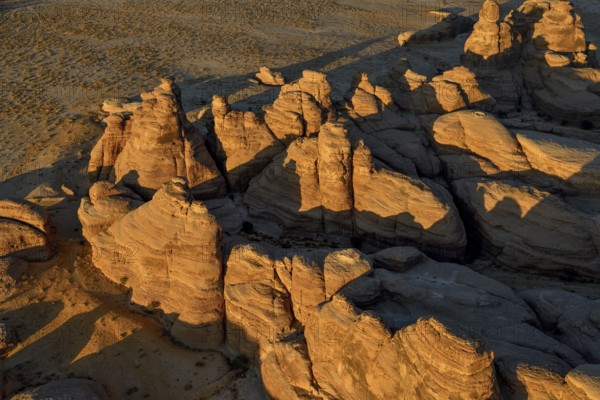 Rock landscape at Jabal Ithlib, blue hour, aerial view, Hegra or Mada'in Salih, AlUla region, Medina province, Saudi Arabia, Arabian Peninsula, Asia