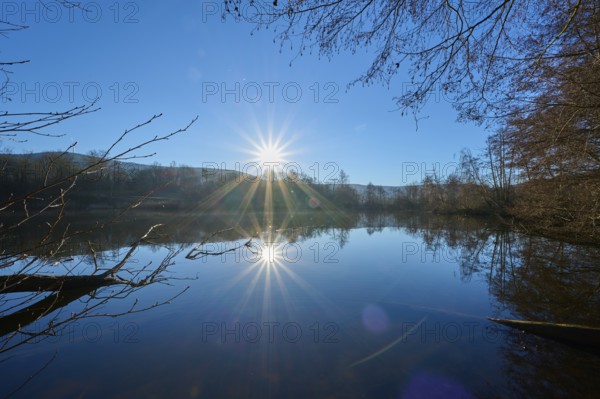Lake at sunrise, Freudenberg am Main, Untermain, Spessart, Odenwald, Franconia, Baden-Württemberg, Germany, Europe