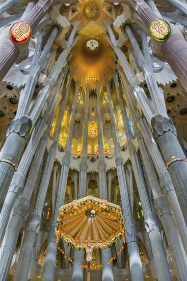 Interior of the Familia Sagrada, religion, Christianity, by the architect Antonio Gaudi in Barcelona, Spain, Europe
