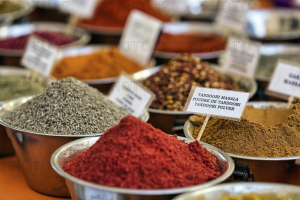 Various spices, tandoori masala at a market stall, multilingual labelling on signs, weekly market market in Villaricos, Cuevas del Almanzora, Almeria, Andalusia, Spain, Europe