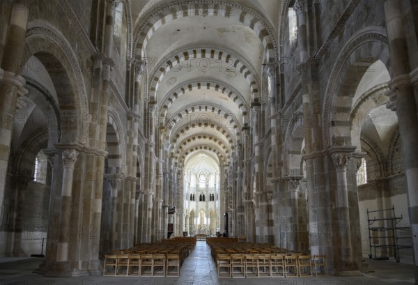 Nave of the early Gothic basilica Sainte-Marie-Madeleine, Vézelay, Département Yonne, Region Bourgogne-Franche-Comté, Burgundy, France, Europe