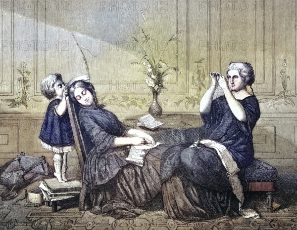Orphan teasing his sleeping nanny with a blade of grass, 1880, Historic, digitally restored reproduction of a 19th century original