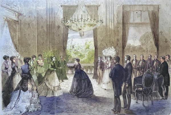 Visit of Empress Eugenie de Montijo, Maria Eugenia Ignacia Agustina de Palafox Portocarrero de Guzman y Kirkpatrick with Queen Victoria of England, Historic, digitally restored reproduction of an original 19th century master, exact original date unknown