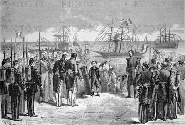 Voyage of the Imperial Prince Crown Prince Napoleon Eugene Louis Jean Joseph Bonaparte (16 March 1856 to 1 June 1879) to Cherbourg, the Prince coming off the yacht La Reine, 1869, France, Historic, digitally restored reproduction of an original 19th century painting, exact original date not known, Europe