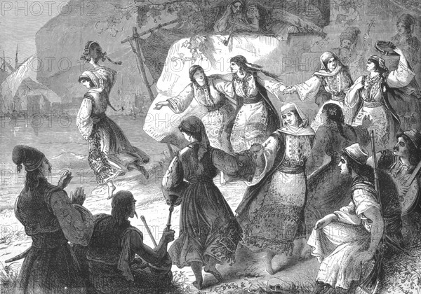 Women in traditional traditional costume dancing Romaika, a folk dance from Greece, in 1869, Historical, digitally restored reproduction of an original 19th century original, exact original date unknown