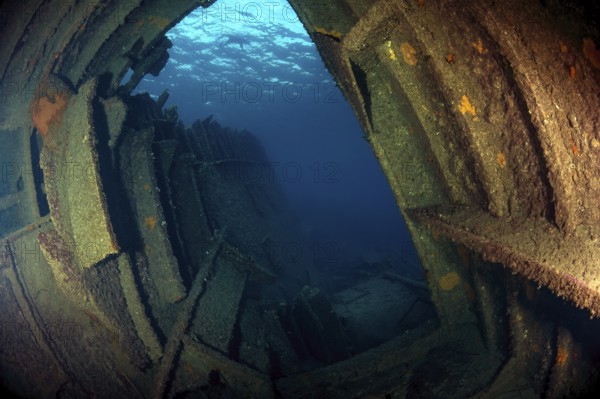 View through rusting hull of rusty shipwreck Elviscot, Mediterranean Sea, Elba, Tuscany, Italy, Europe