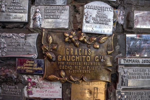 Name plaques in the Shrine of the popular saint Antonio Mamerto Gil Núñez, better known as Gauchito Gil, Santuario del Gauchito Gil, Mercedes, Corrientes Province, Argentina, South America