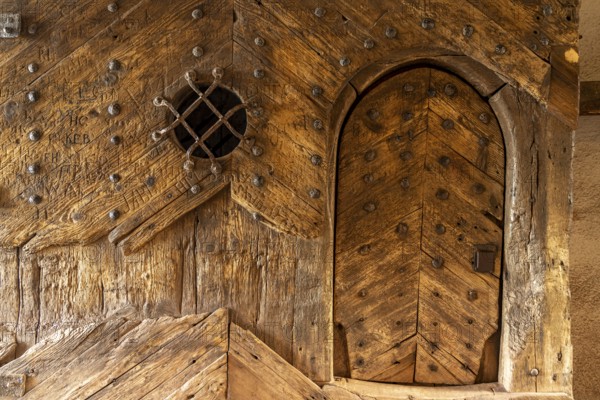 Wooden door in the gatehouse of Wartburg Castle, UNESCO World Heritage Site in Eisenach, Thuringia, Germany, Europe