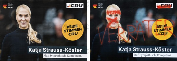 Comparison of two large posters for the 2025 federal election by the CDU with Katja Strauss-Köster, Verungliimpfung, Witten, Germany, Europe