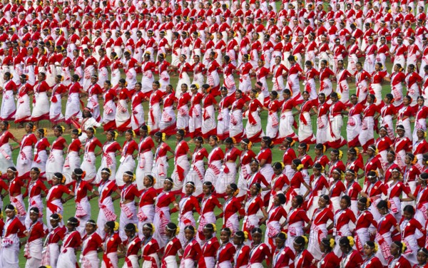 Several thousands of dancers perform traditional Jhumur dance, as they full dress rehearse on the eve of 'Jhumoir Binandini' event at the Sarusajai Stadium in Guwahati, India on February 23, 2025. Jhumur Dance is a traditional folk dance popular in Assam, West Bengal, Jharkhand, and Odisha, mainly performed by the Adivasi (Tea Tribe) community and other indigenous groups