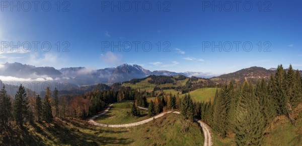 Drone shot, view from the Moosegg high plateau to the Hoher Göll, Golling, Osterhorn group, Salzburg province, Austria, Europe