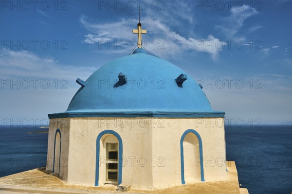 Blue church tower with sea view under a blue sky, Greek architecture, Church of Agios Georgios, Chora, Astypalea, Dodecanese, Greek Islands, Greece, Europe