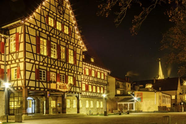 The festively decorated town hall of Münsingen at Christmas time, Swabian Alb, Reutlingen district, Baden-Württemberg, Germany, Europe