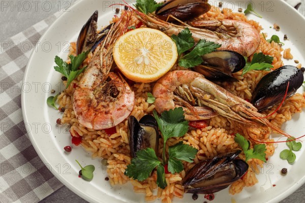 Seafood paella, shrimp and mussels risotto, rice, homemade, top view, no people