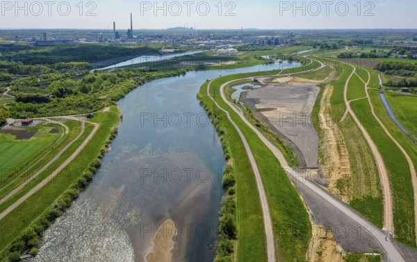 Haltern-Marl, North Rhine-Westphalia, Germany, Lippe, Flood protection in the Haltern-Lippramsdorf-Marl area (HaLiMa) . Flood protection on the River Lippe by relocating the dyke and thus extending the floodplain. Marl Chemical Park at the back, Europe
