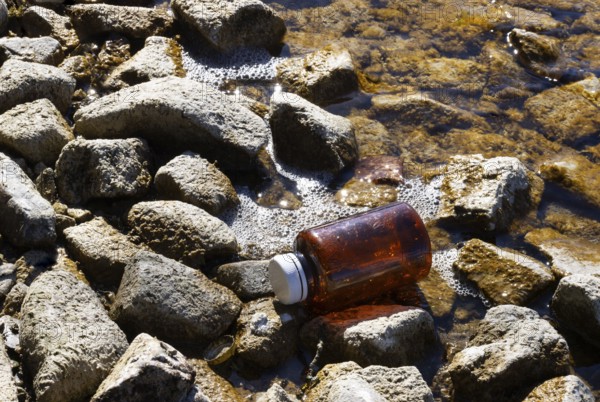 Environmental pollution, Plastic bottle washed up on the lake shore, Household waste, Austria, Europe