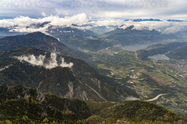 View from the summit of Mount Pizzo di Levico to the lakes in the Sugana Valley, Trentino, Italy, Europe