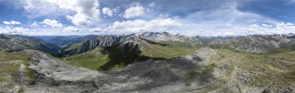 Panorama, mountain landscape with mountain hut Glorer Hütte and summit Großglockner, aerial view, Schober group, Hohe Tauern National Park, Eastern Alps, Carinthia, Austria, Europe