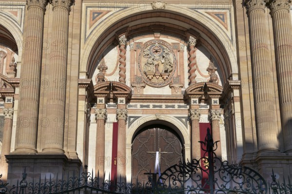 Main portal of the cathedral Santa Iglesia Catedral Basílica de la Encarnación in the evening light, Malaga, Spain, Europe