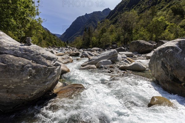 Rocks in the Verzasca River between Lavertezzo and Brione, Verzasca Valley, Valle Verzasca, Canton Ticino, Switzerland, Europe
