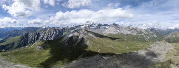 Panorama, mountain landscape with mountain hut Glorer Hütte and summit Großglockner, aerial view, Schober group, Hohe Tauern National Park, Eastern Alps, Carinthia, Austria, Europe