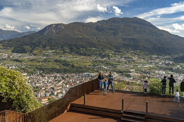 The Terrazza Panoramica Busa Degli Orsi viewing platform in the Sardagna district with a view of Trento and the mountain landscape of Trentino, Trento, Trentino, Italy, Europe
