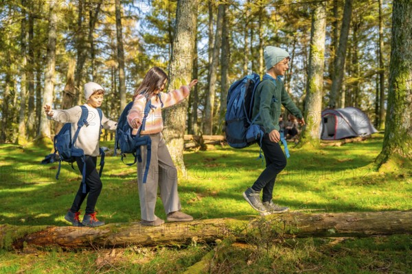 Three young caucasian brothers and sister walking playfully maintaining the balance on a tree trunk in the forest