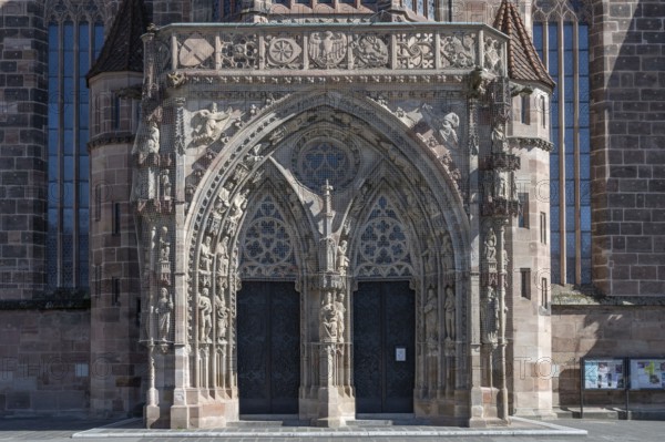 Gothic entrance portal of the Church of Our Lady, Hauptmarkt, Nuremberg, Middle Franconia, Bavaria, Germany, Europe