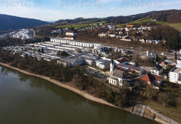 Drone image, housing estate, apartment blocks and high-rise estate, Puchenau, Linz Land district, Danube, Upper Austria, Austria, Europe