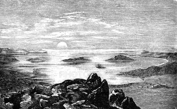 Coast and bay of Angra Pequena or Lüderitz Bay, sunset, Namibia, former German colony, historical illustration 1886, Africa