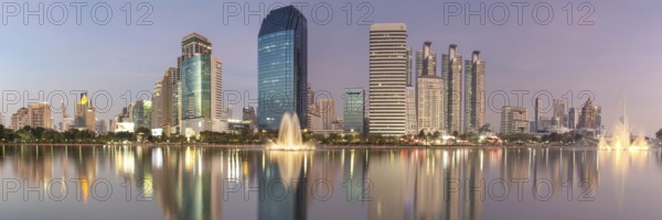 Benjakitti Park, eastern water zone with water fountain, a municipal park in the Khlong Toei district, Bangkok, Thailand, Asia