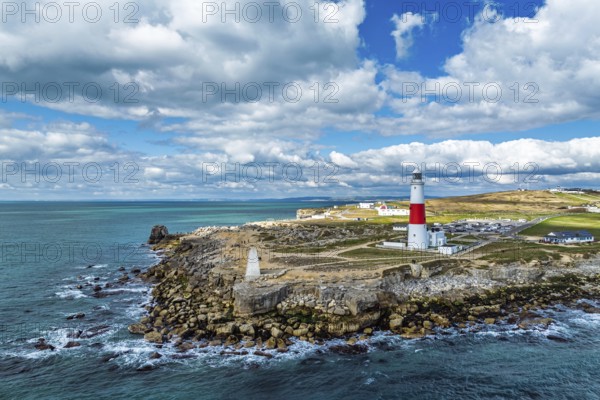 Portland Bill Lighthouse from a drone, Portland Bill, Isle of Portland, Dorset, England, United Kingdom, Europe