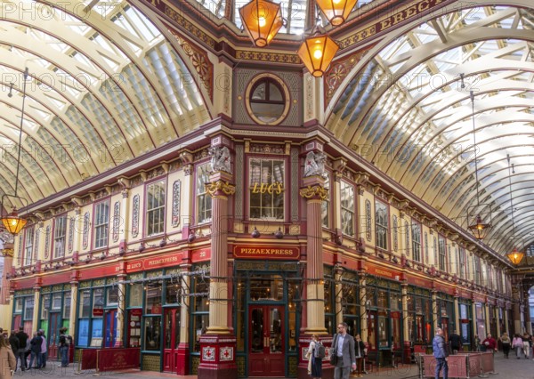 Historic covered shopping arcade Leadenhall Market, City of London, London, England, UK architect Sir Horace Jones 1881