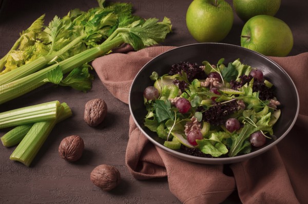Fresh, Waldorf salad, celery stalk with chicken, apple and walnut, grapes, herbs, homemade, no people