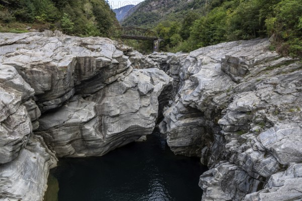 Rocks, granite rock formations in the Maggia River near Ponte Brolla, in the Maggia Valley, Valle Maggia, Canton Ticino, Switzerland, Europe