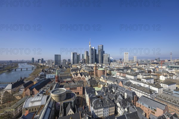 The view from St. Bartholomew's Cathedral takes in Frankfurt city centre and the banking skyline, Frankfurt am Main, Hesse, Germany, Europe