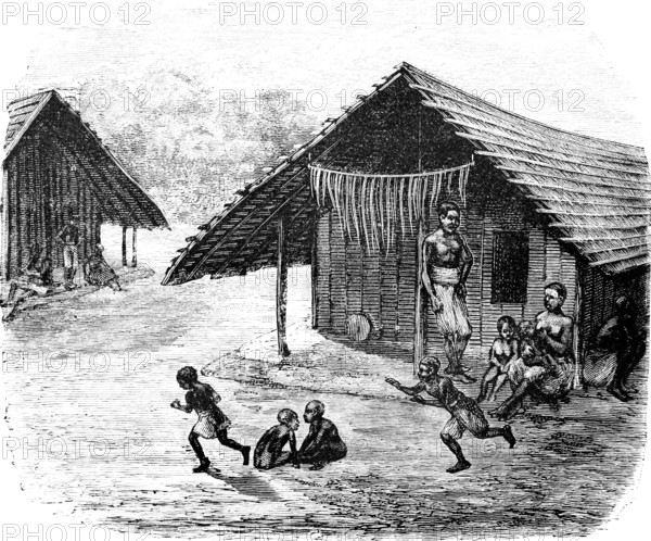 Everyday life of indigenous families on the Congo River, children playing outdoors, people sitting in front of a wooden hut, life, colonial times, historical illustration 1886
