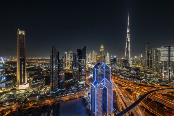 Dubai skyline at night, Burj Khalifa tallest building in the world, United Arab Emirates, Asia