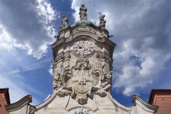 Clock tower of the castle church in the courtyard of the Ellingen Residence, Ellingen, Middle Franconia, Bavaria, Germany, Europe