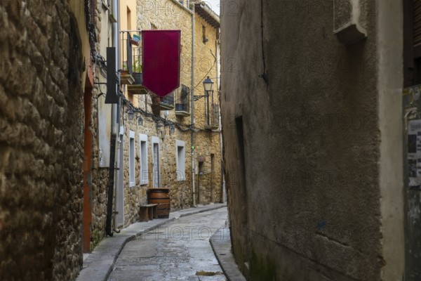 Cobblestone street winding through the charming medieval town of olite, navarre, spain, featuring historic architecture and a vibrant burgundy banner