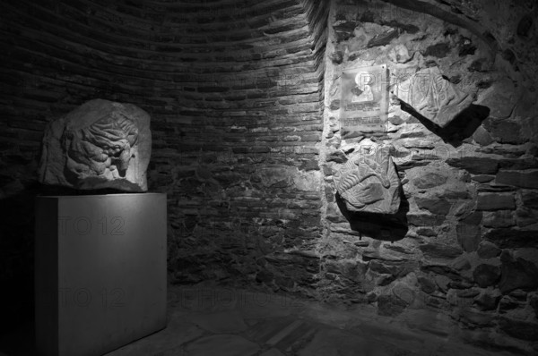 Interior view of the crypt, remains of the Roman baths, Church of Hagios Demetrios, also known as Agios Dimtrios or Demetrios Basilica, Thessaloniki, Macedonia, black and white, Greece, Europe