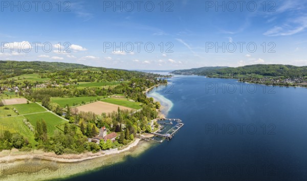 Aerial view, panorama of Oberstaad Castle, also Jacques Schiesser House on the southernmost part of the Höri peninsula with the boat harbour, jetty on Lake Rhine, Untersee, Lake Constance, Öhningen, district of Constance, Baden-Württemberg, Germany, Europe