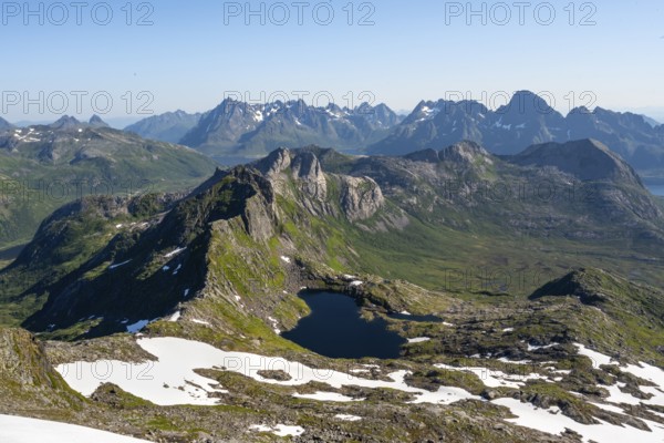 View of mountain landscape, mountain panorama, at the summit of Rundfjellet, Lake Hellskarvatnet, Svolvaer, Nordland, Norway, Europe