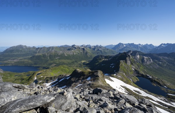 Mountains and fjord landscape, view from the summit of Rundfjellet, Lake Hellskarvatnet, Svolvaer, Nordland, Norway, Europe