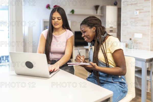 Two students collaborating at home, using a laptop and taking notes while enjoying their study session together