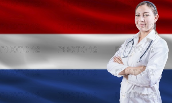 Female doctor on Dutch flag. Doctor with crossed arms on Dutch flag. Netherlands health and care concept